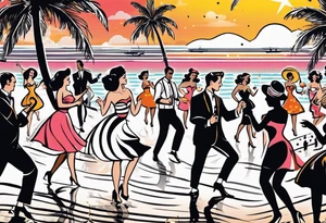 1950'S BEACH DANCE PARTY 
party, include confetti, music notes, 
, bikinis sunset in the center tattoo idea