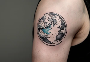 A stylized Earth with swirling clouds in gray and hints of pale blue circles the upper arm. tattoo idea