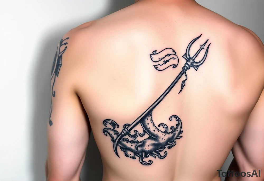 Shoulder and sleeve tattoo with a young poseidon showing torso with the trident and lower down sea creatures swirling around tattoo idea