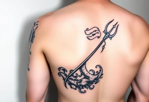 Shoulder and sleeve tattoo with a young poseidon showing torso with the trident and lower down sea creatures swirling around tattoo idea