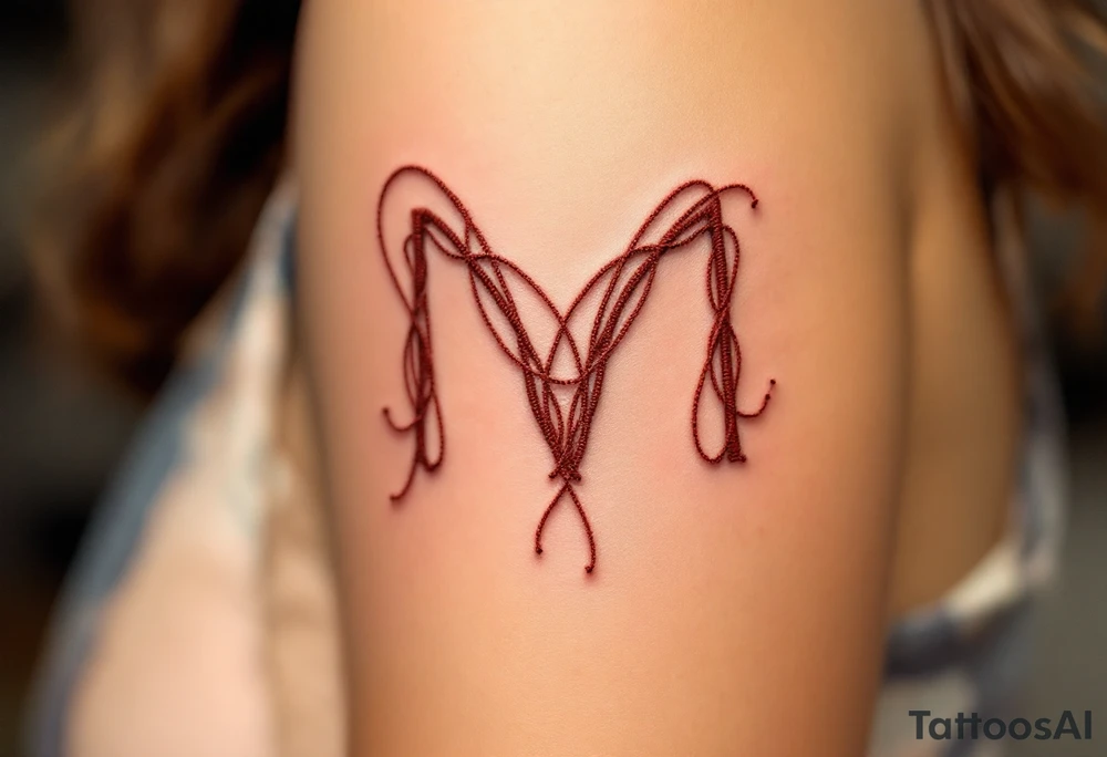 A stitched "M" design in warm beige and thread-red, resembling embroidery. tattoo idea