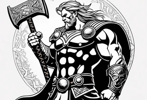 The Mighty Thor not so muscular profile with mjolnir with the entire design shown tattoo idea