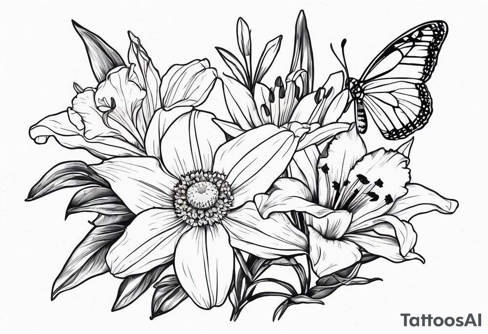 Wild flower of lily daisy and daffodil bouquet with butterfly 6-8 inches bi tattoo idea