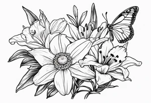 Wild flower of lily daisy and daffodil bouquet with butterfly 6-8 inches bi tattoo idea