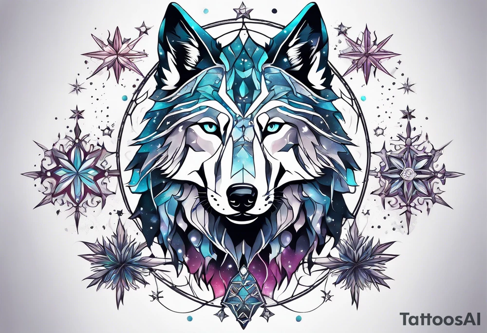 Constellation, two animal alien wolf, snowflake tattoo idea