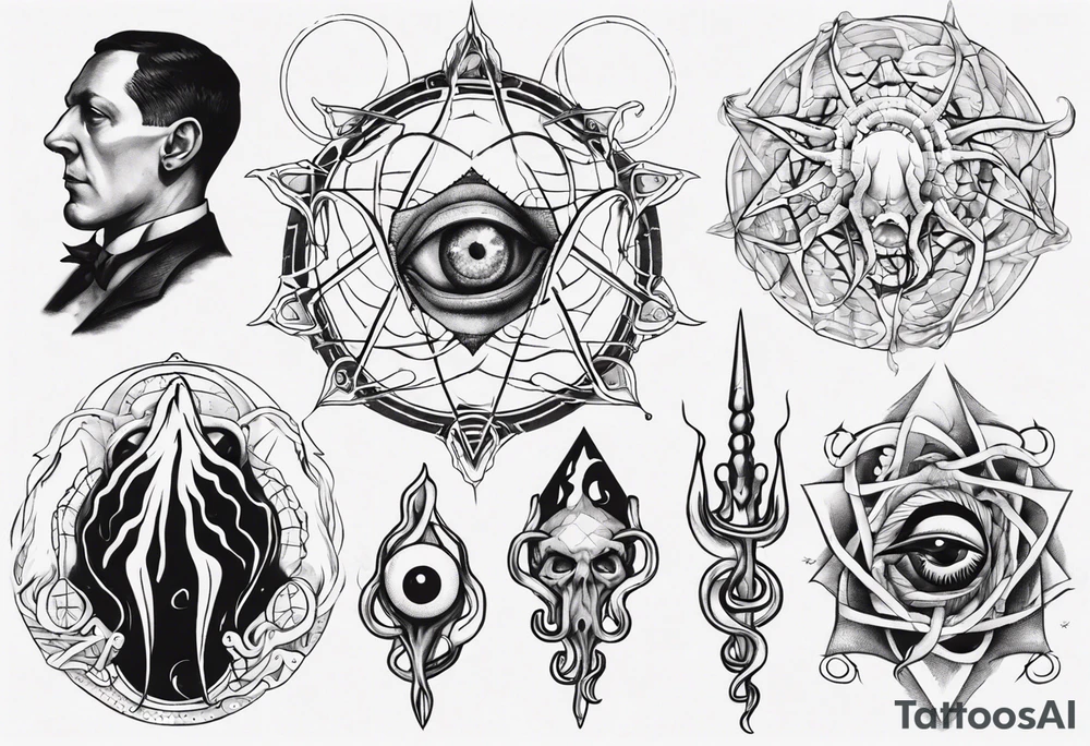 lovecraft long tattoo to put on the forearm, with eye and tentacle tattoo idea