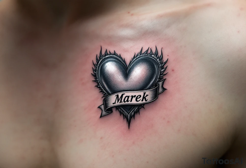 A metallic silver heart with a banner wrapped around it that reads Marek. tattoo idea