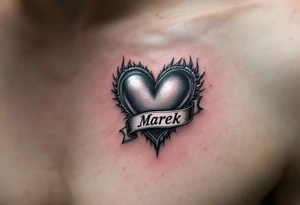 A metallic silver heart with a banner wrapped around it that reads Marek. tattoo idea