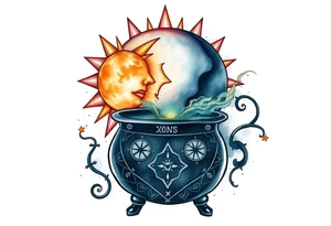 celestial sun and moon with constellation patterns runes in galaxy coming out of witch cauldron tattoo idea