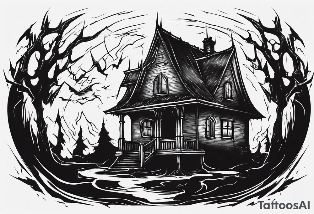 "Create a tattoo design featuring a small house with a sinister, pointy roof, enveloped in a dark atmosphere. Include a black demonic figure lifting the roof, peering out into the surroundings with an ominous presence." tattoo idea
