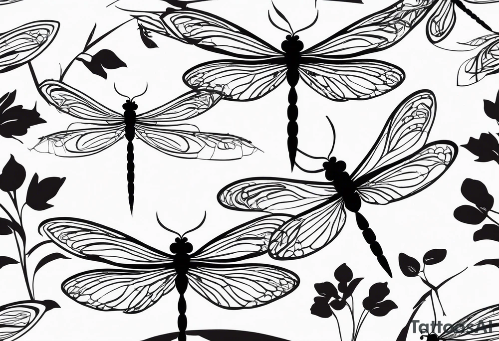 A black-and-white silhouette pattern of dragonflies with delicate wings and leaves. The dragonflies are depicted in sharp, elegant lines, their wings outlined in bold black, while their bodies are slender and precise. The leaves surrounding them are simplified into flowing, abstract shapes, outlined in solid black, with no shading or gradient. The background is minimalistic, with soft, cloud-like shapes in white, adding texture to the design. The entire pattern is a strong contrast between solid black silhouettes of dragonflies and leaves against a white backdrop, capturing movement and nature in a high-contrast, stylized form. tattoo idea