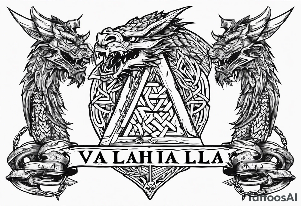 Valhalla sword shield dragon axe Valknut barbed wire chains tattoo idea Valhalla sword shield dragon axe Valknut barbed wire chains tattoo idea