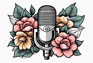 old school traditional vintage style design of lips singing into microphone with vintage flowers surrounding it tattoo idea