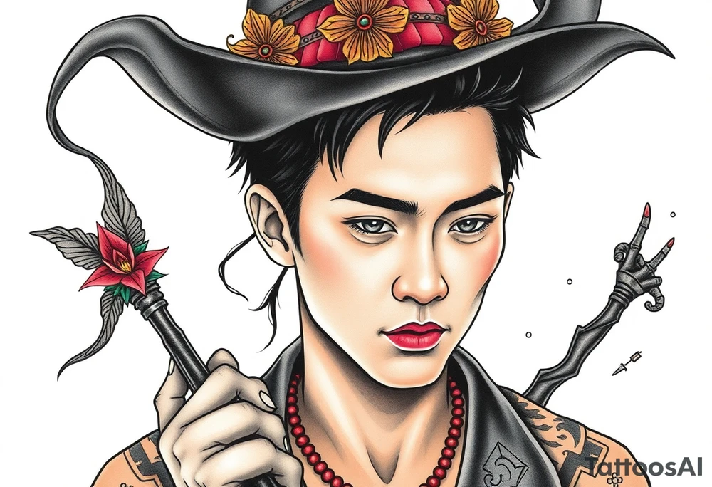 Handsome Asian young guy is being under control of the witch tattoo idea