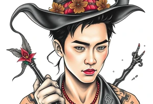 Handsome Asian young guy is being under control of the witch tattoo idea