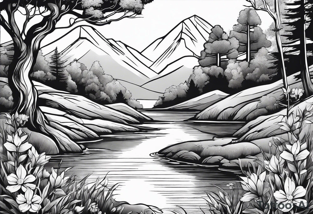 Peaceful nature scene with flowers, trees, animals and water tattoo idea