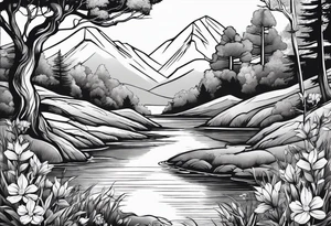 Peaceful nature scene with flowers, trees, animals and water tattoo idea