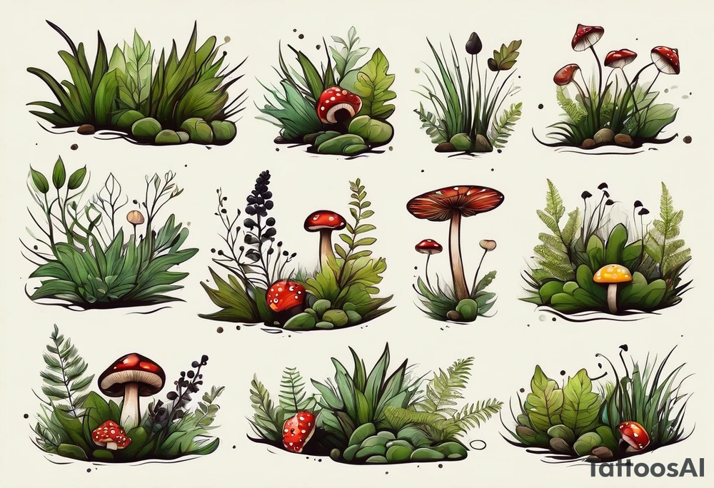 minimalistic forest floor inspired tattoo, which includes grass, moss, curly ferns and dead leaves as the bulk of the tattoo. details to include: forest berries, couple of very small brown mushrooms, a tiny bumblebee flying nearby tattoo idea