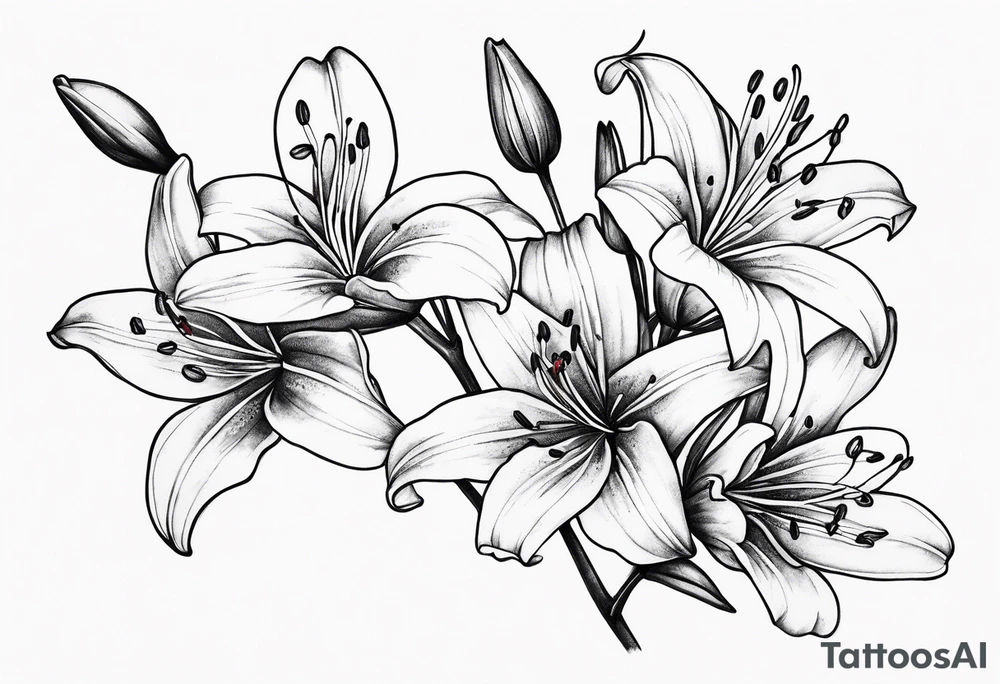 5 lilies and cherry blossom branch tattoo idea