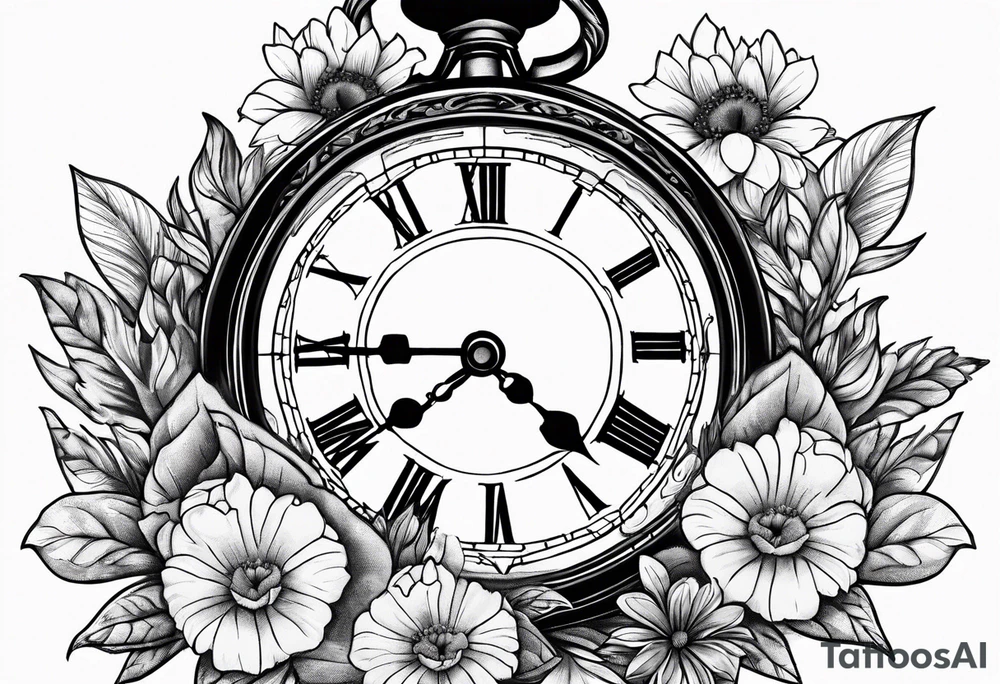 Open Hinged pocket watch surrounded with flowers in remembrance of a deceased friend tattoo idea