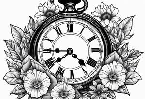 Open Hinged pocket watch surrounded with flowers in remembrance of a deceased friend tattoo idea