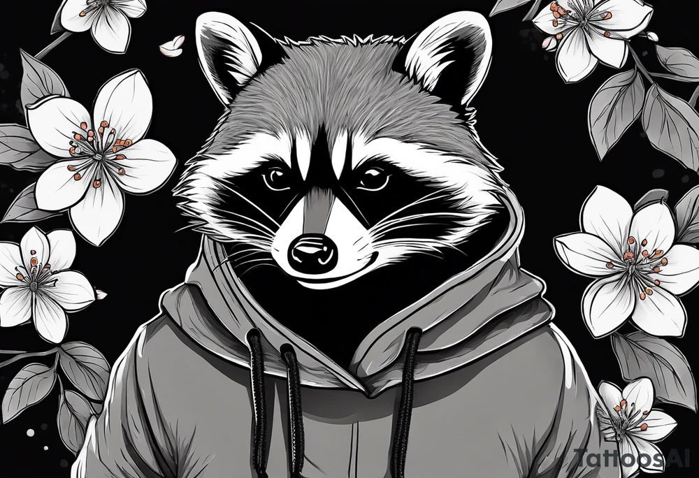 Raccoon wearing a white Superman logo on a black hoodie and orange Japanese cherry blossoms tattoo idea