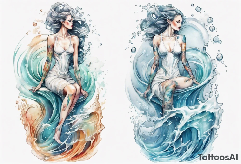 a tall transparent woman made of glass covered with water, sitting upon a wave tattoo idea