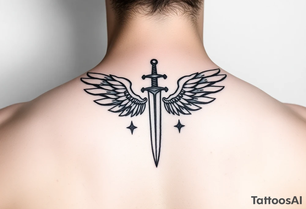 Wings wrapping around sword and diamond shaped stars tattoo idea
