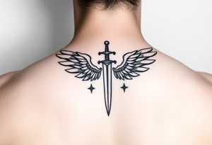 Wings wrapping around sword and diamond shaped stars tattoo idea
