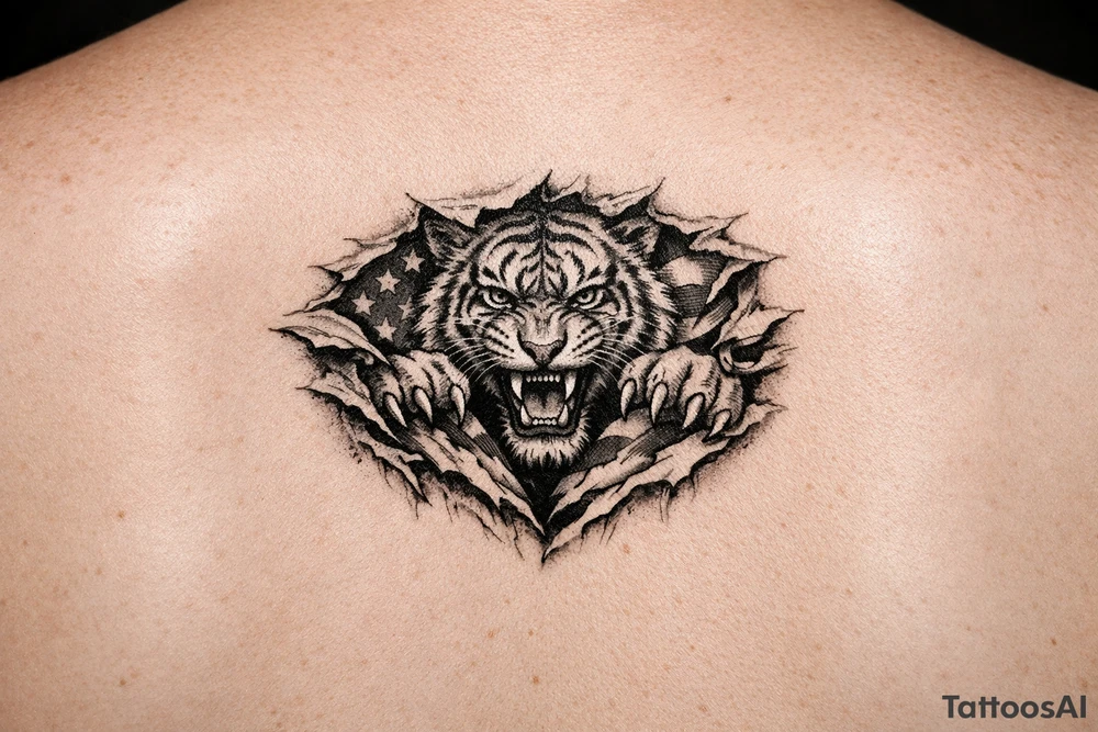 Tiger ripping through the chest with the American Flag in the background. Like the American Flag is the blood of the body. tattoo idea
