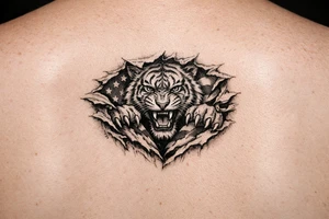 Tiger ripping through the chest with the American Flag in the background.  Like the American Flag is the blood of the body. tattoo idea
