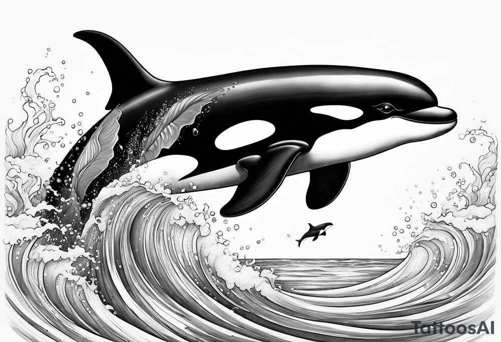 transient orca, Japanese realism, simplistic, shaded high contrast, flowing, kelp highlights tattoo idea