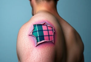 Dark Purple with green pink blue and white highlights tartan fabric on bicep with skin tearing away to reveal tartan underneath tattoo idea