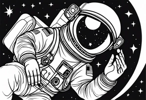 an astronaut hunched over in space from the back holding a planet in his hands tattoo idea
