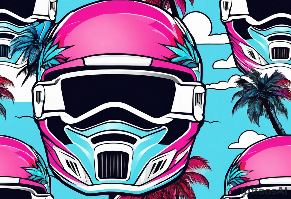 formula 1 helment with a palm tree and black light blue and pink colors tattoo idea