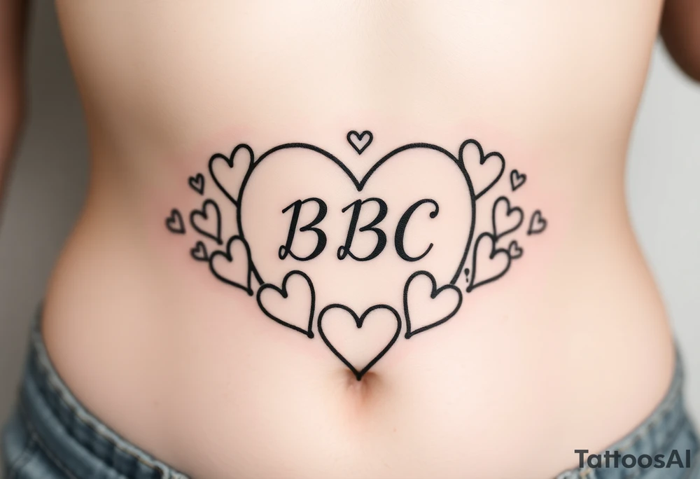 text reading "BBC" across a womb tattoo surrounded by hearts tattoo idea