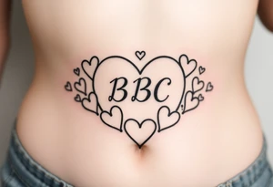 text reading "BBC" across a womb tattoo surrounded by hearts tattoo idea