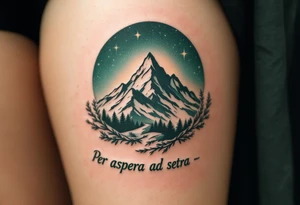 Etched in deep forest green, “Per aspera ad astra” curls around a mountain silhouette rising into a starlit sky. tattoo idea