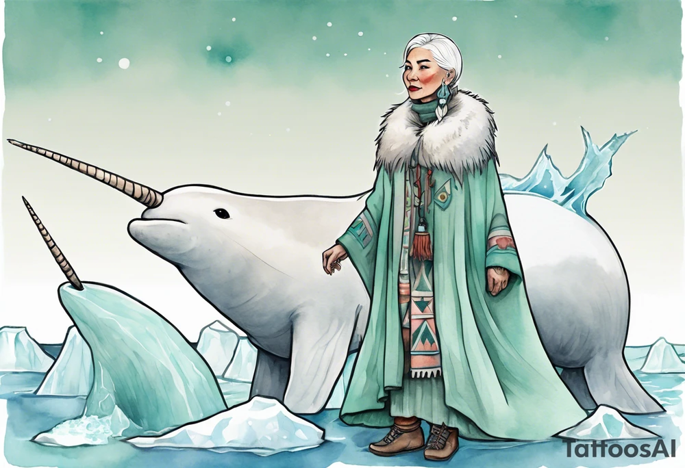 a 45-year-old Sami woman with white  hair wearing a white and mint cloak standing on an iceberg with one narwhal in the background tattoo idea