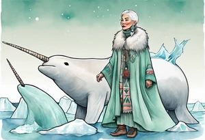 a 45-year-old Sami woman with white  hair wearing a white and mint cloak standing on an iceberg with one narwhal in the background tattoo idea