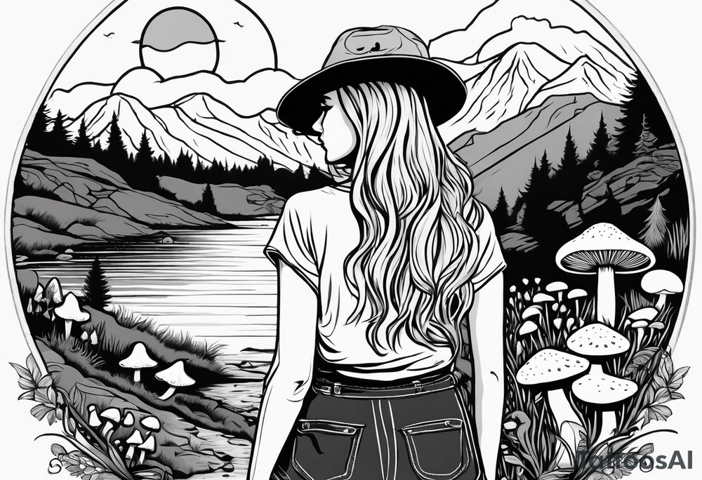 Whole picture within a circle Straight long blonde hair hippie girl in distance holding mushrooms in hand facing away toward mountains and creek surrounded by mushrooms tee shirt hiking pants hiking boots tattoo idea