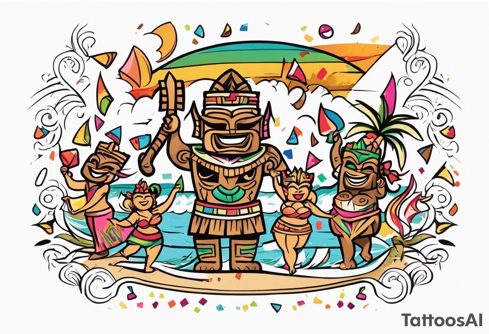 hulu tiki party with dancing tiki guys and sexy tiki girls on a beach with music notes and confetti around a blank space in the middle tattoo idea