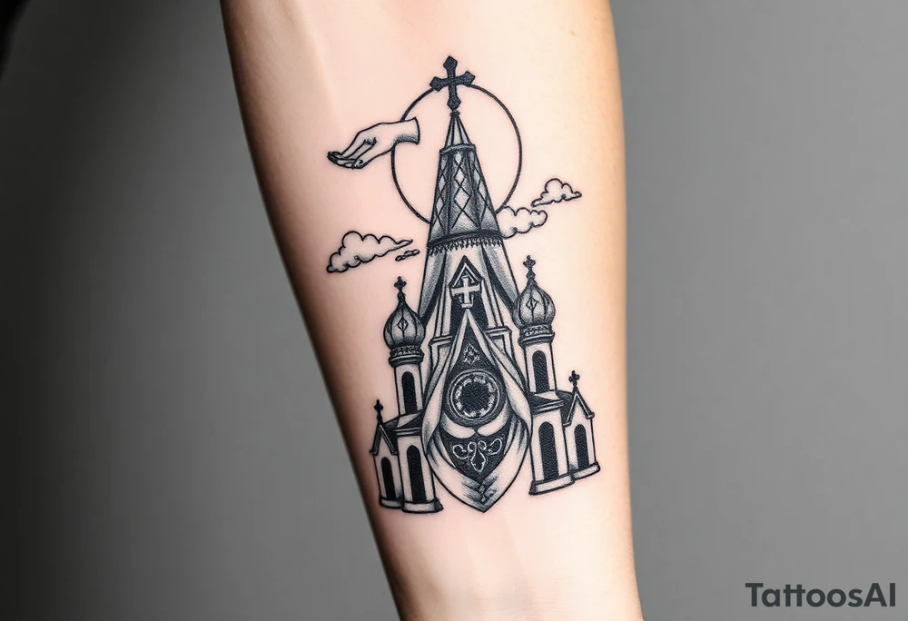 Russian Orthodox church with orthodox spire crosses, with a glow around the church, clouds above it and a virgin mary seperately looking over hands on heart sat above tattoo idea