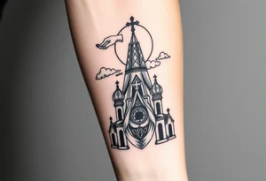 Russian Orthodox church with orthodox spire crosses, with a glow around the church, clouds above it and a virgin mary seperately looking over hands on heart sat above tattoo idea