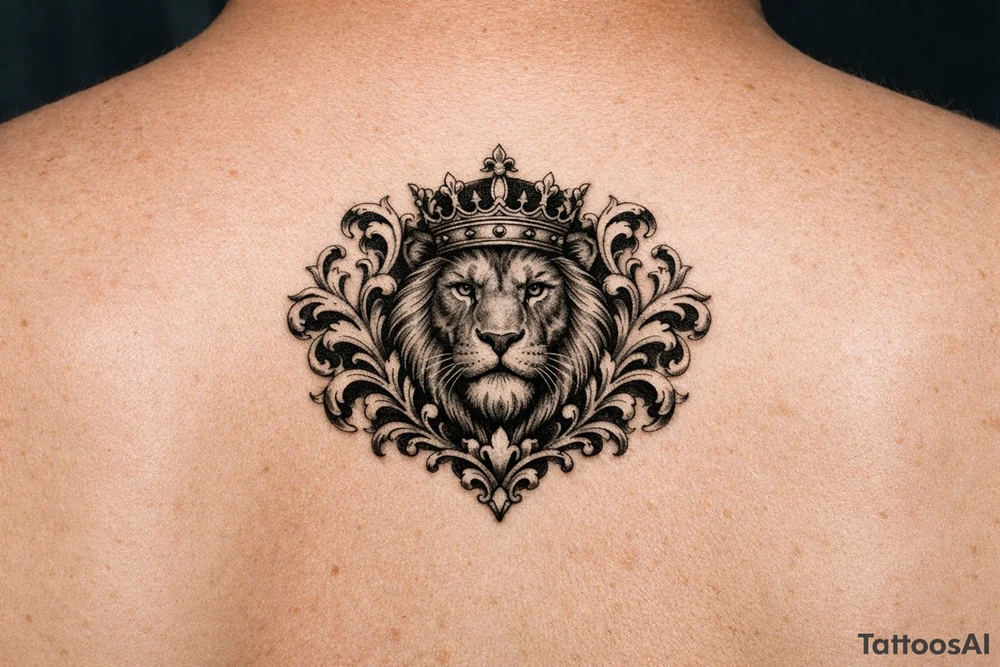 powerful majestic lion with a crown, framed by ornate floral scrollwork tattoo idea