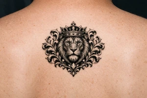 powerful majestic lion with a crown, framed by ornate floral scrollwork tattoo idea