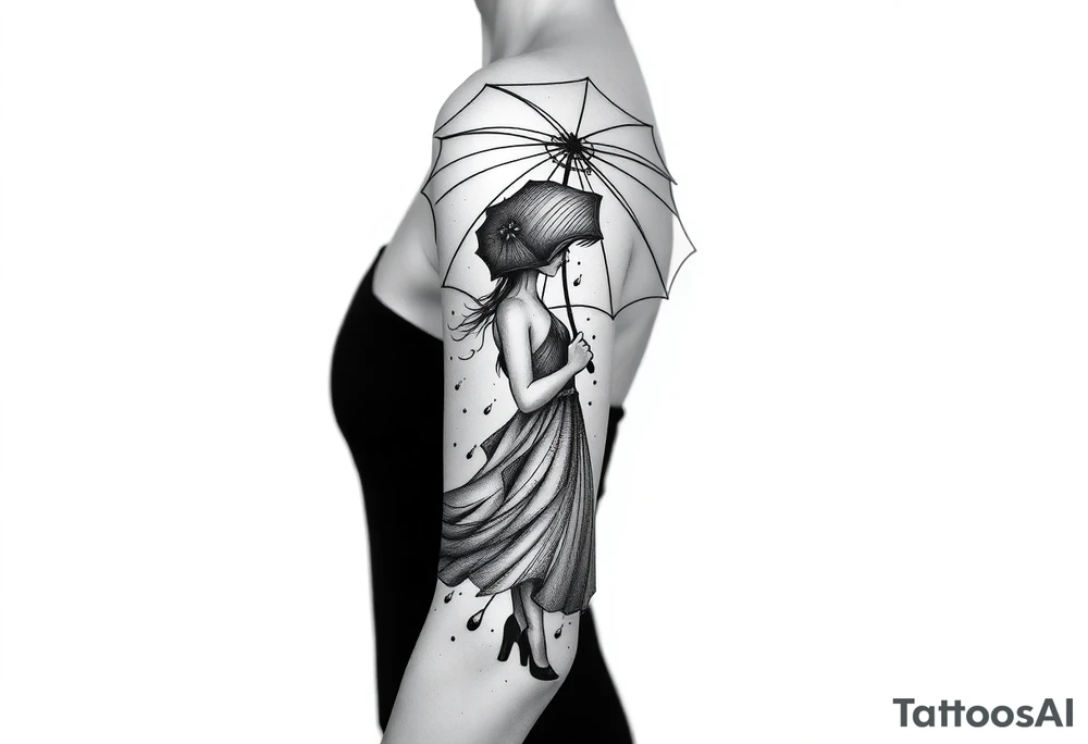 Abstract girl with umbrella in the rain tattoo idea