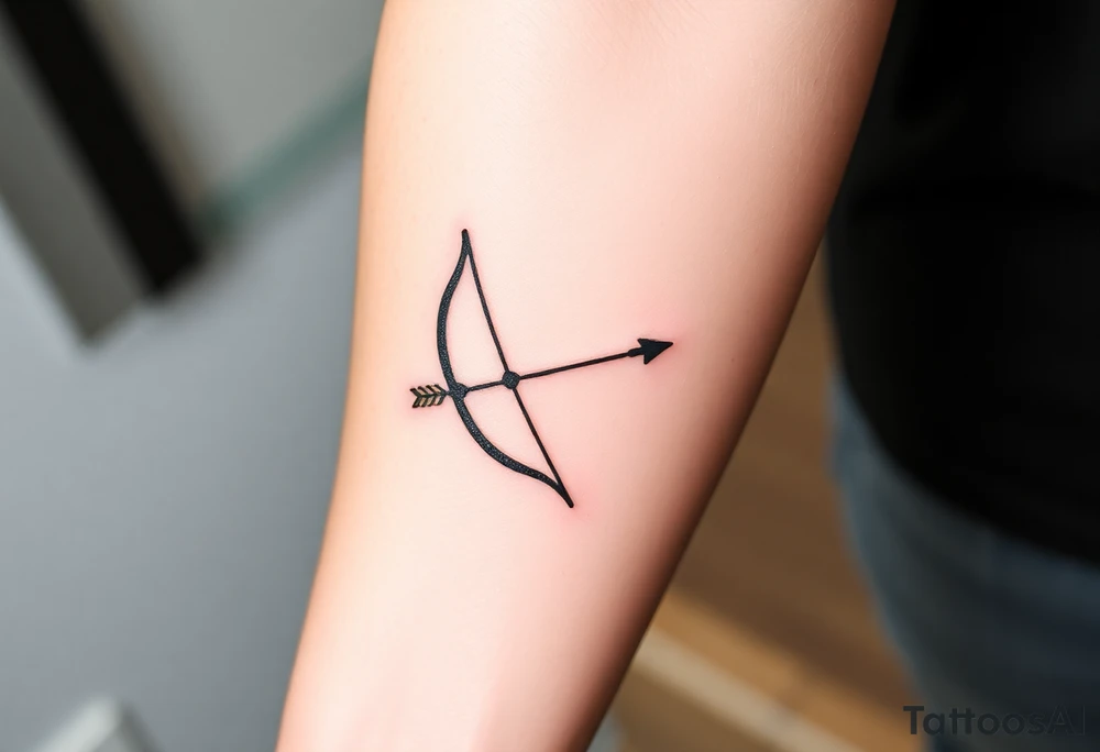 A minimalist Sagittarius bow and arrow, with a sleek, modern design in black ink and subtle gold accents tattoo idea