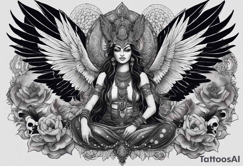 black kali, goddess pirate, alien, angel, pachamama, valkrye, warrior, flying, skull, lotus azul, wing, eagle, zenza resonance, stars, 5D, anahata chakra, death, durga, riding on a tiger, flying lady, kundalini, chest tatoo, samuri, rebel,serpent tattoo idea