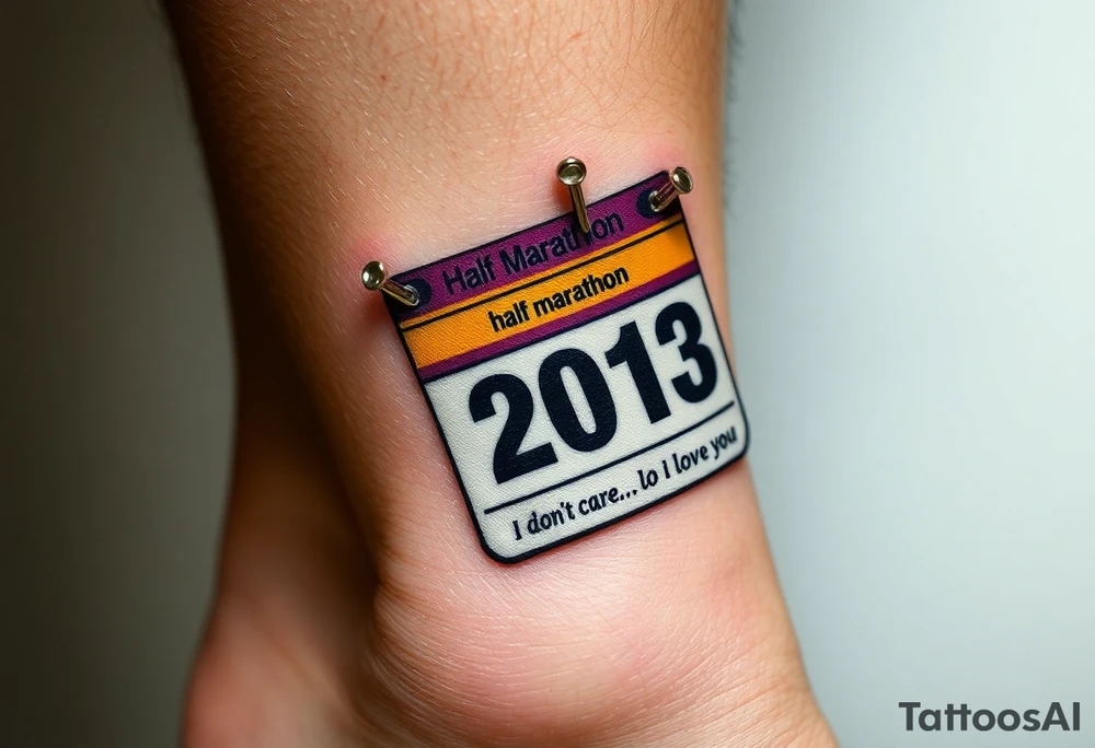 Safety pins through the skin attaching a half marathon racing bib with 2013 and purple and gold accents with “I don’t care, I love it” around the outside tattoo idea